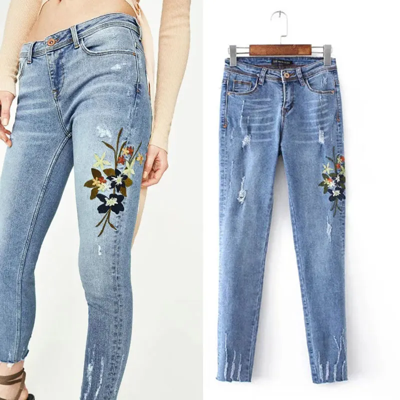 

New 2017 Spring Mid waist Jeans Ladies Cotton Denim Pants Fashion Embroidery Ripped hole skinny pants for women