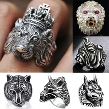 Anillo gótico Punk para hombre anillo Retro masculino Acero inoxidable exageración animal feroz Lobo León Tigre Bulldog exquisito