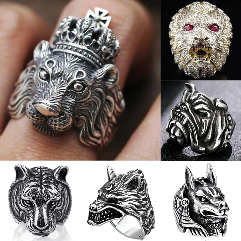 Gothic Punk Ring For Men Retro Male Ring Stainless Steel Exaggeration Ferocious Animal Wolf Lion Tiger Bulldog Exquisite