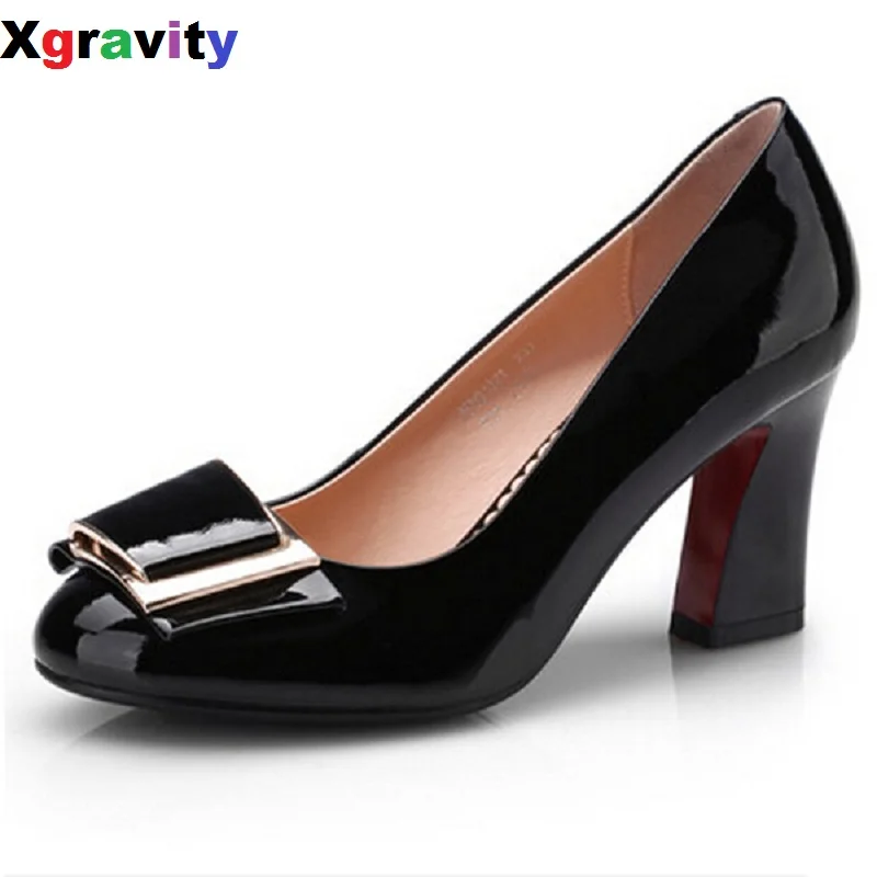 

2019 High Heel Shoes Fashion Sexy Lady Shoes Elegant Genuine Leather Patent Round Toe Chunky Shoes Comfort OL Footwear C110-1