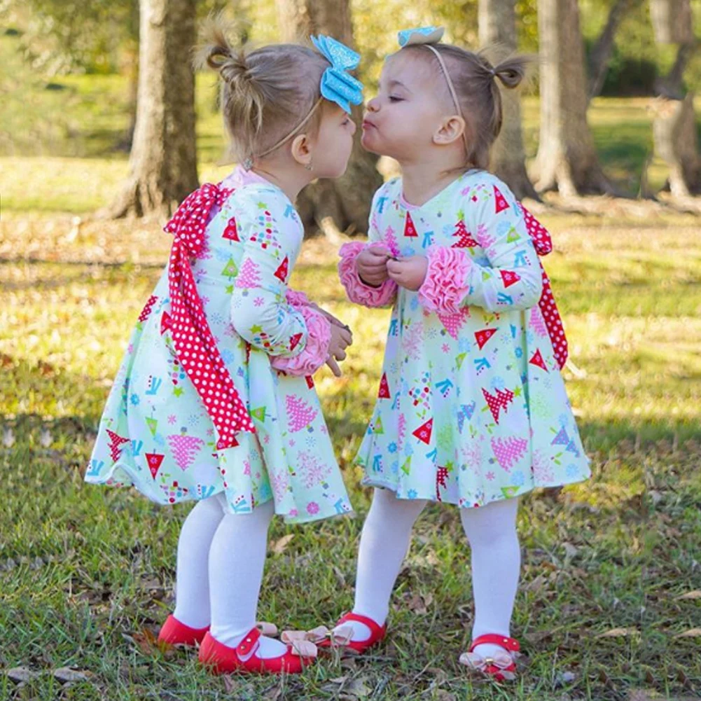 2018 Lovley Christmas Kids Baby Girls Trees Printed Dress Girl Ruffles Long Sleeves Tutu Back Bowknot Dress Cotton Clothes 6m 3y Dresses Aliexpress