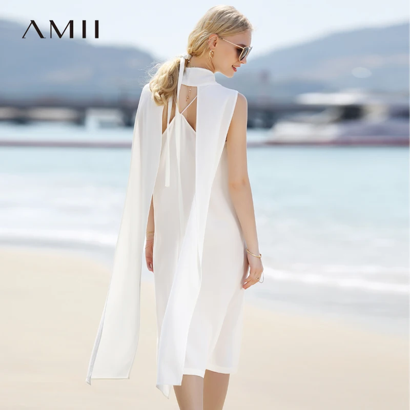 

Amii Women Minimalist 2018 Summer Beach Dress Chiffon V Neck Back Hollow Female Dresses