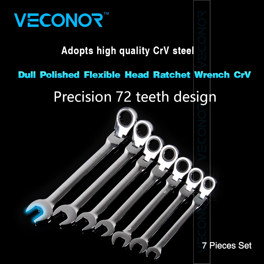 

7pcs Ratchet Wrench Spanner Set Flexible Head Combination Key Multitools Mirror Polish CRV Steel 72T For Car Repair