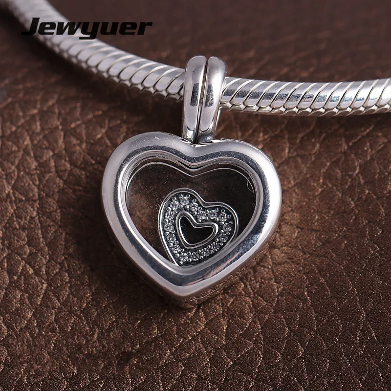 

925 sterling silver jewelry Floating Heart Locket Dangle Charms fit beads charms bracelet necklace Diy fine jewelry DA222