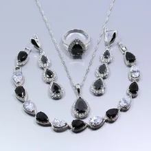 Набор из четырех элементов 925 серебро Цветные черные и белые с цирконием, ювелирное изделие, набор Для женщин падение Длинные Висячие серьги кольцо ожерелье кулон браслет Z01