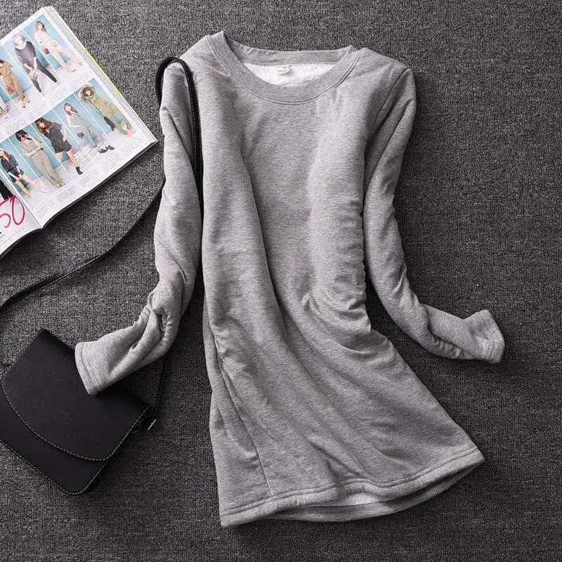 Autumn And Winter Plus Velvet Shirt Women Cashmere Warm Thick Long Sleeve Tee Shirt Female Casual Ladies Tops Tshirt Women Q1710 - Цвет: Light grey