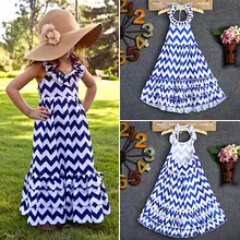 Новое модное летнее детское платье для девочек 3 4 5 6 7 8 9 лет полосатое нарядное платье макси с белыми и синими зигзагами в стиле бохо