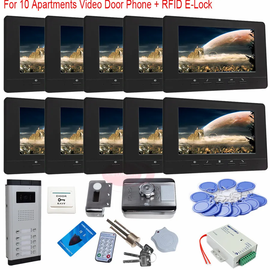

RFID Card E-Lock 7" Video Door Phone Intercom Doorbell Night Vision Weatherproof CCD Camera Home Surveillance For 10 Apartments