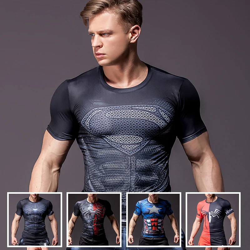 

Superman Printed Tshirts Men Compression Top Fitness T-shirts Fashion Novelty Slim Summer Tight Tee Superhero Crossfit GYM