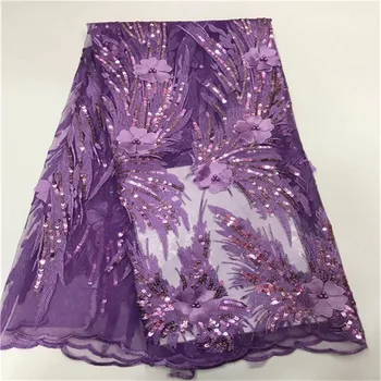 

French Net Lace Fabric 2018 Latest African Lace Fabric With Embroidery Mesh Tulle Purple Sequins Lace Fabric Material