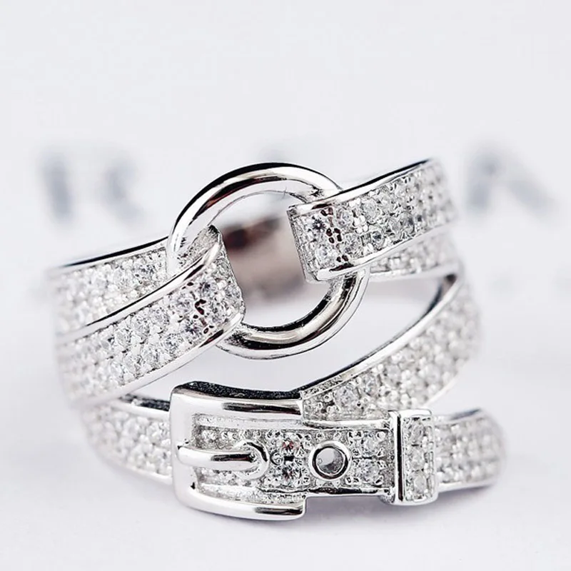 

80% Real 925 Sterling Silver Rings for Women Cubic Zircon Punk Rock Belt Fashion Female Wide Finger Ring Adjustable Bague Gift