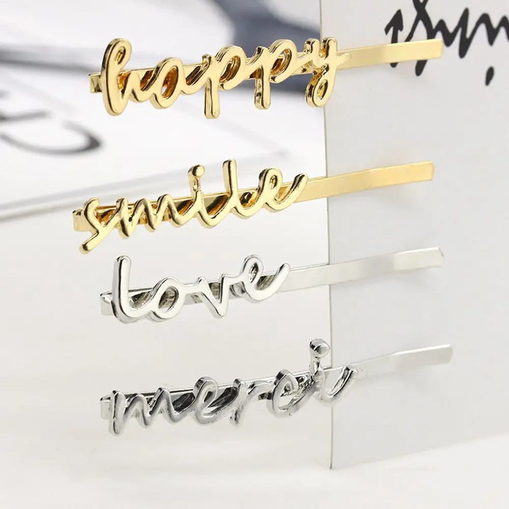 

1 PC Letter Hairclips Smile Happy Merci Love Golden Silver Hair Clips Pins Barrettes Hairgrips for Women Girls Hair Accessories