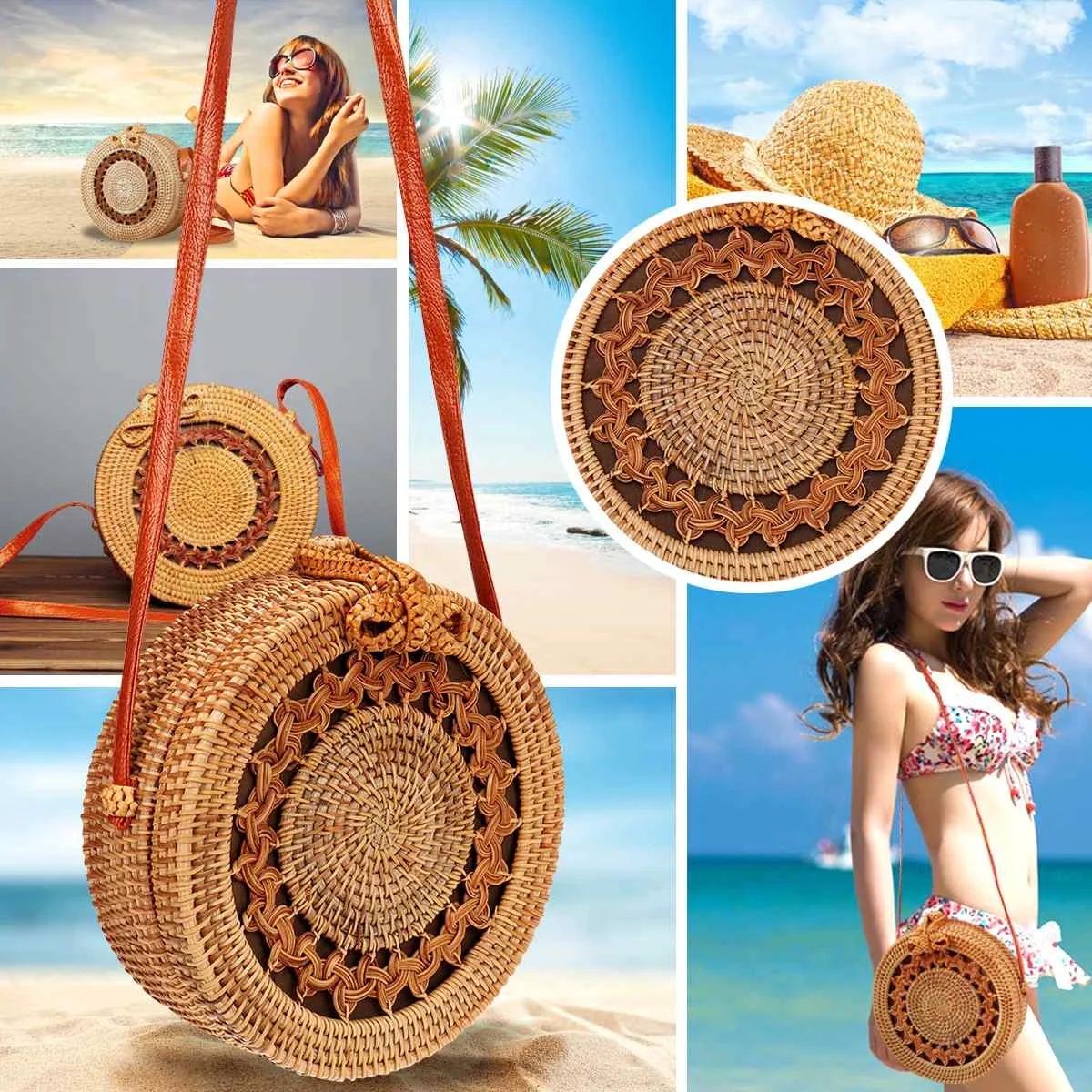 

Retro Hand Woven Bag Round Rattan Straw Bags Satchel Wind Bohemia Beach Circle Bag Women Gift Handmade Crafts gift