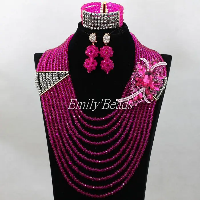 Fuchsia Pink Silver Crystal Beads Necklace Set 10 Layers Nigerian Wedding Costume African font b Jewelry