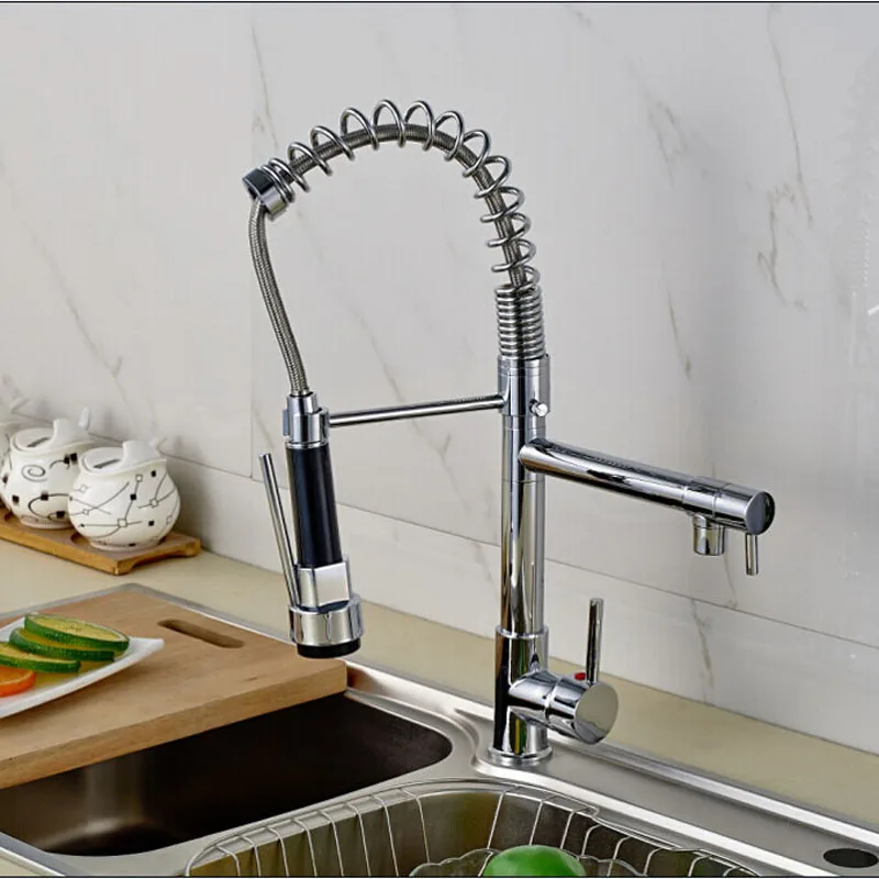 Newly-Deck-Mount-Single-Lever-Hot-and-Cold-Kitchen-Sink-Faucet-Spring-Pull-Down-Double-Spout
