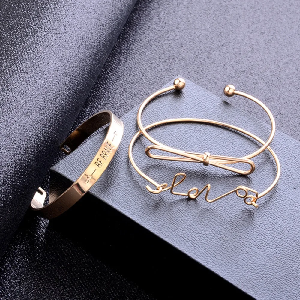 3 шт новая открытая Золотая Серебряная Буква Love BE BRAVE Bowknot Набор браслетов Модный