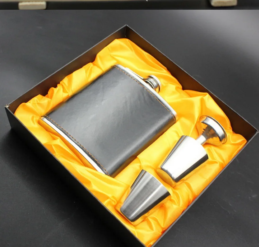 by dhl 50set practical 7oz Luxury Stainless Steel Leather Hip Flask Personalized Whiskey Drink Mug with a Box | Дом и сад