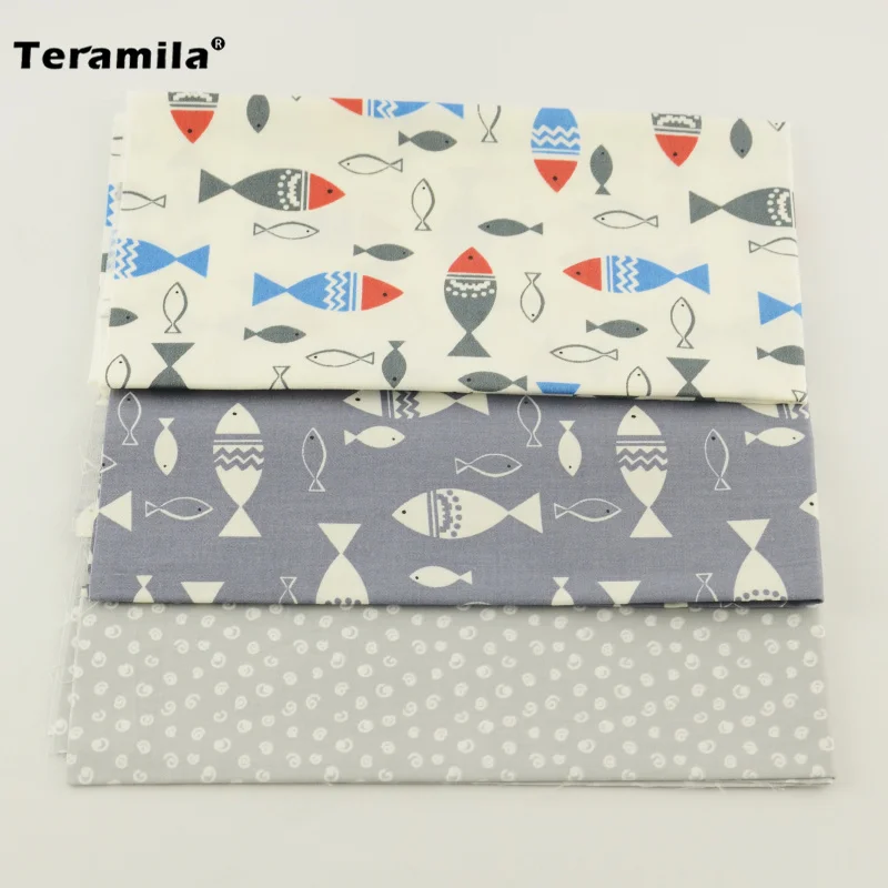 Teramila Cartoon Fish And Circle Design 40cmx50cm Patchwork Pre cut Fat Quarter Three Color Cotton Fabric DIY Dolls Pillow|fat quarters|fabric