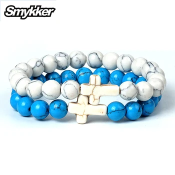 

2Pcs/Set Charms Bead Bracelet White Turquoise Stone Bracelet Women Men Prayer Religious Jesus Cross Love Couple Jewelry Crafts