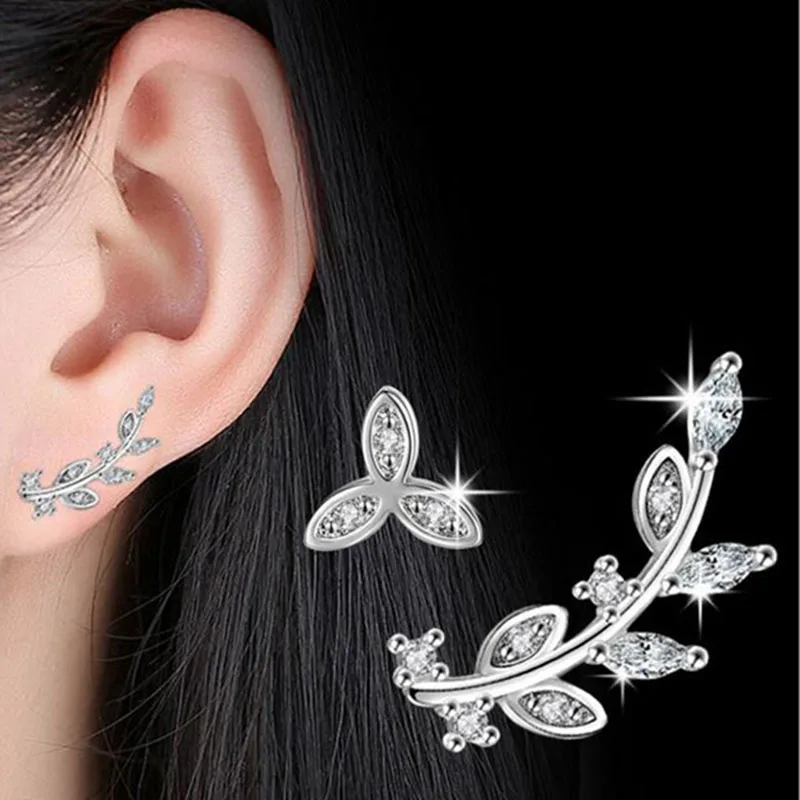 

Rhinestone Asymmetric Leaf Floral Flower Stud Earrings Women Elegant Fashion Jewelry Ladies Plant Party Earring Female Silver