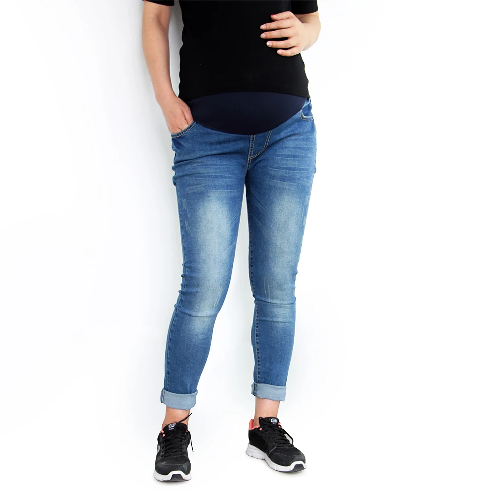 Новое поступление цельные универсальные джинсы для беременных, повседневные обтягивающие джинсы для всех сезонов, подходящие джинсовые брюки для беременных женщин - Цвет: Синий