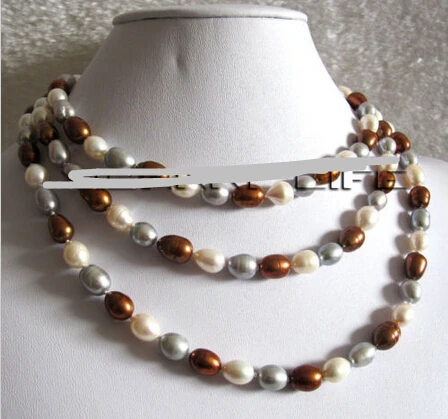 

FREE SHIPPING>>>@@ > N1657 50" 7-9mm White Gray Coffee Rice Freshwater Pearl Necklace Jewelry
