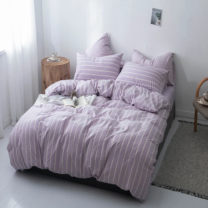 Brief Style Pure Cotton Bed Set 4pcs Duvet Cover Pillowcase Flat Fitted Sheet Striped Purple Blue Green Pink Queen King | Дом и сад