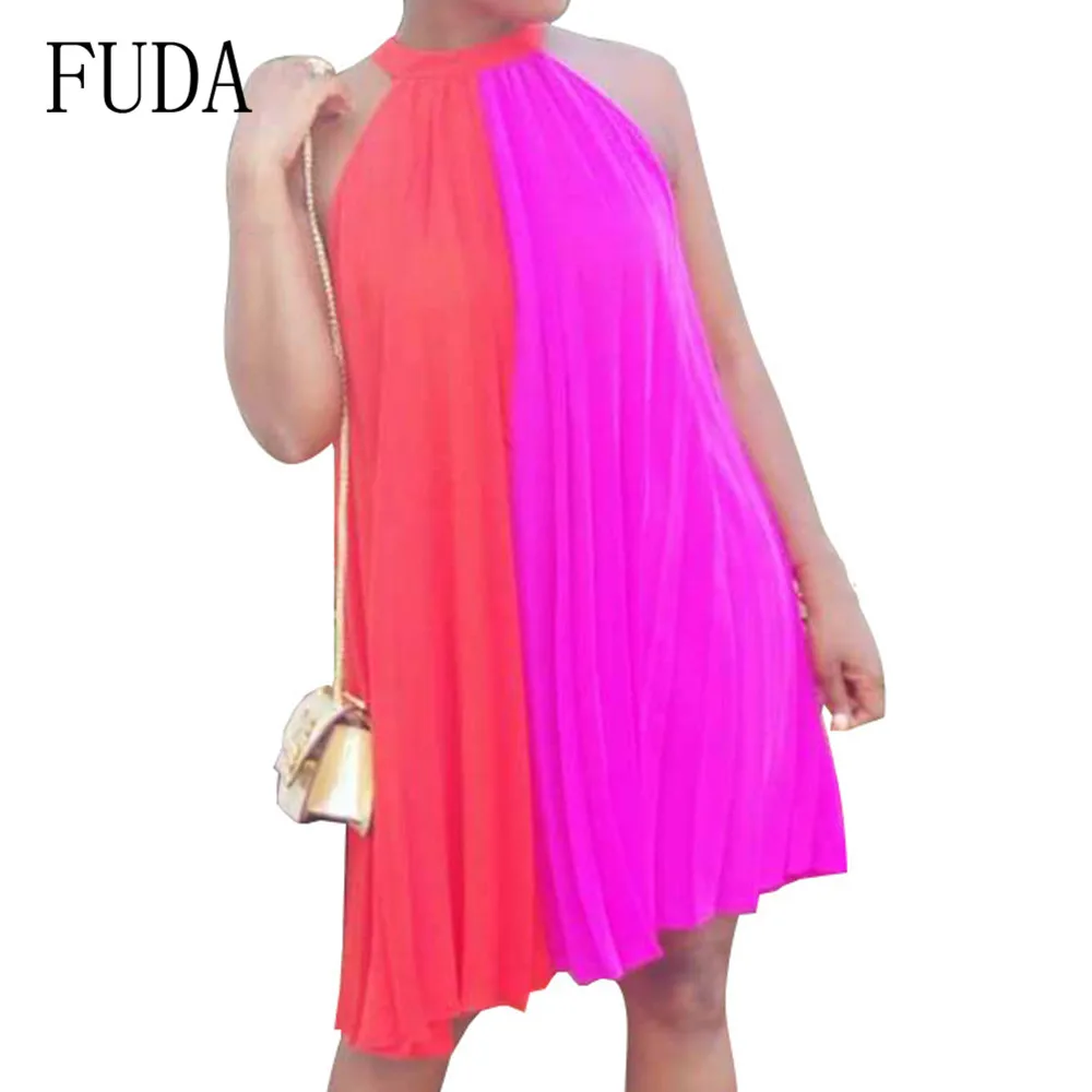 

FUDA Summer Chiffon Dress Sexy Sleeveless O-neck Patchwork Loose Mini Red Dres Women Casual Sundress Vestidos Plus Size XXL