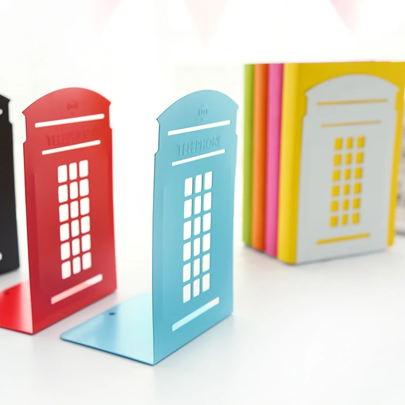 Creative Telephone Booth Metal Bookends Book Shelf Desk Book Stand For