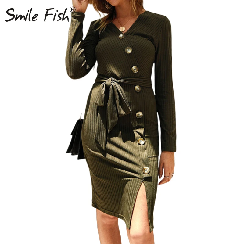 

Elegant Work Office Lady Knitted Dress Women Buttons Sashes Ribbed Sheath Dress 2019 Femme Bandage Wrap V-Neck Jurken Robe GV727