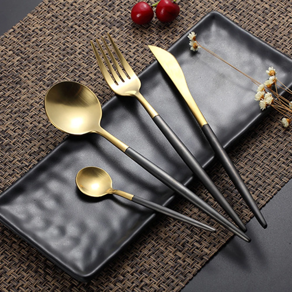 Hot 4Pcs Gold silverware knife Dinnerware 304 Stainless Steel Cutlery