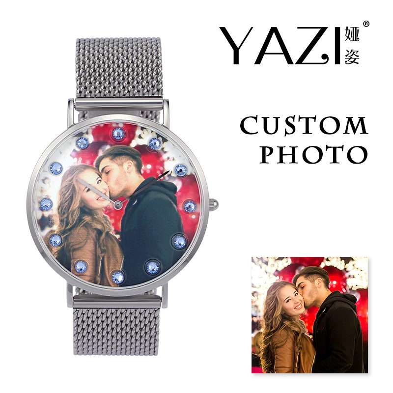 

YAZI Creative Custom Lovers Watch Photo Print in Dial Male Watch Birthstone Scale Stainless Steel Band Women Watches Souvenir
