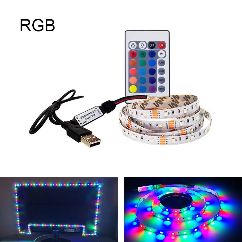 Светодиодный SMD 3528 5 V цветной сменный Канатный ремешок 0,5 m-5 m 60 светодиодный s/m для ПК/ТВ ПОДСВЕТКА Гибкая с ИК-пультом дистанционного управления USB кабель комплект - Испускаемый цвет: RGB