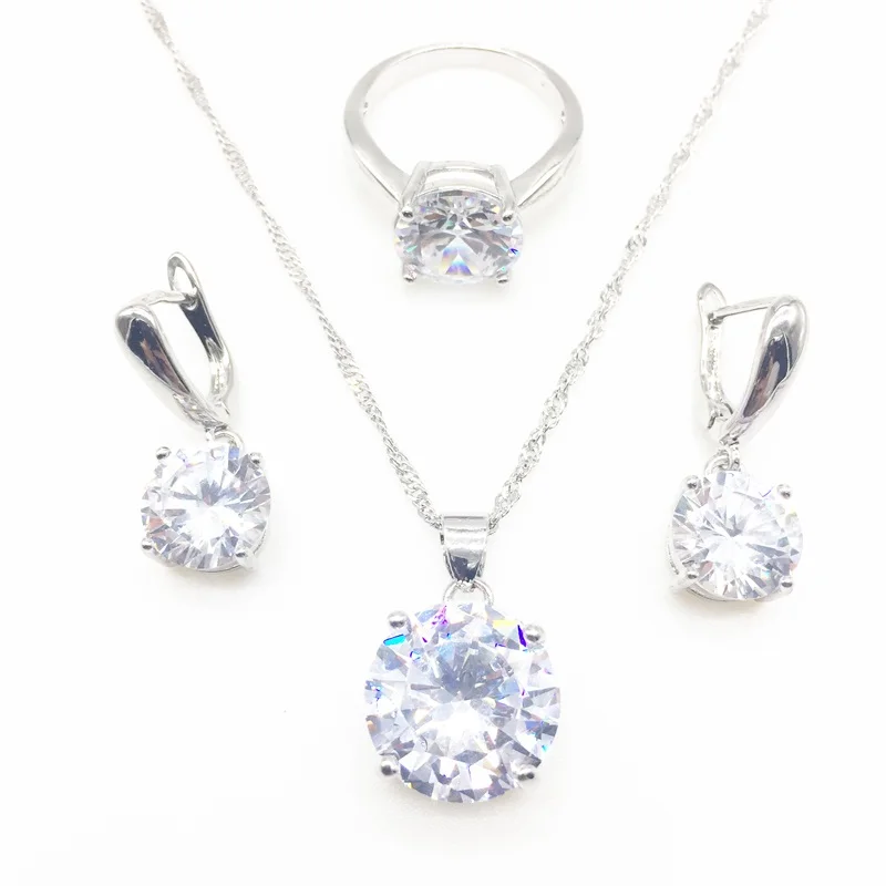 Round white Zircon Women's 925 Sterling Silver Jewelry Sets Earrings/Pendant/Necklace/Rings Free Shipping | Украшения и