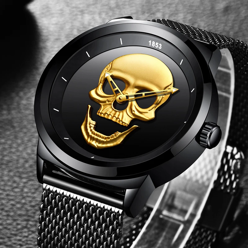 

NEW LIGE Men Watch Top Brand Skull Quartz Clock Luxury Business Stainless Steel Mesh Belt Waterproof Watch Relogio Masculino