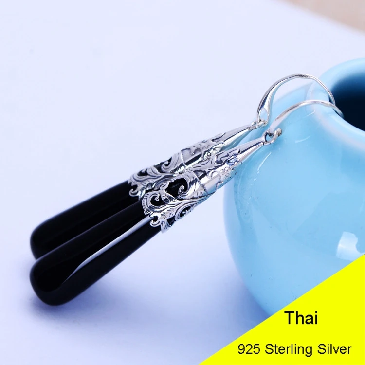 

Fashion 925 Sterling Silver Black Agate Bat Drop Earring Women Thai Silver Gift Brincos Aretes CH056046