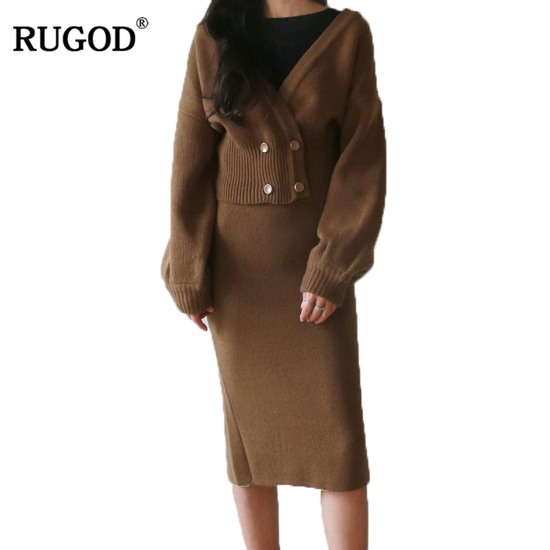 

RUGOD Solid Spring Women 2 Piece Set Knitted Dress Long Sleeve Stylish Cardigan Women's Suit Hot Sale Casual Tracksuit Cotton