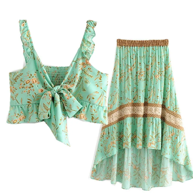 

DEAT 2019 Bow Tide Ruffles Strap Floral Crop Top Sexy Women Elastic Waist Maxi Long Skirt Ruched Camis Tops Two Pieces Set MF955