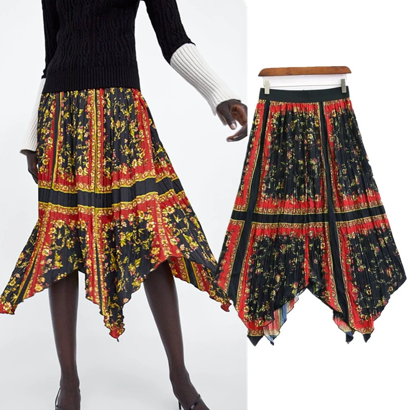 Женская одежда, Зимняя Юбка До Колена, юбка, женские булавки для воротника, плиссированные, неровные, с принтом, эластичная талия, свободные юбки