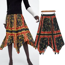 Женская одежда, Зимняя Юбка До Колена, юбка, женские булавки для воротника, плиссированные, неровные, с принтом, эластичная талия, свободные юбки