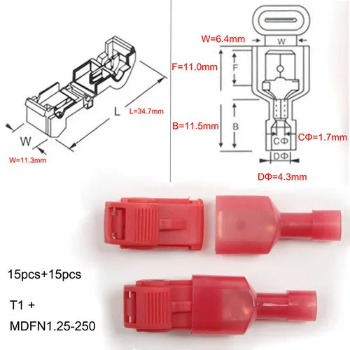 T1 MDFN1.25 15 пар MDFN+ T1 T2 T3 провода кабельных разъемов клеммы обжимной замок быстрого сращивания Электрический автомобильный аудио 22-10AWG 0,5 мм-6 мм набор инструментов - Цвет: T1 MDFN1.25