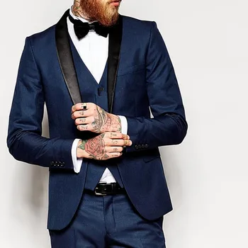 

Side Vent Slim Fit Groom Tuxedos Shawl Collar Men Suit 2020 Navy Blue Groomsman/Bridegroom Wedding Suits (Jacket+Pants+Tie+vest)