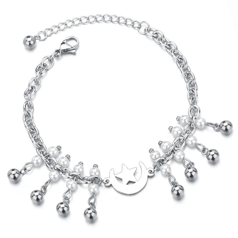 

Hot Sale Star & Moon Stainless Steel Bracelet Pearls Small Alloy Beads Pendant Bracelets Titanium Steel Jewelry For Women