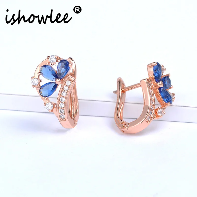 

ISHOWLEE Flower Crystal Set of Earrings & Rings Rose Gold 585 Zircon Blue Stones Earrings Sets 2019 Fashion Women Jewelry esp02
