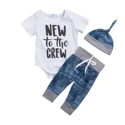3 шт. Комплект одежды для маленьких мальчиков для новорожденных Для маленьких мальчиков письмо белый комбинезон боди + длинные синие Брюки