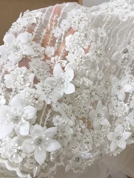 

1 Yard Super Luxury Rhinestone Pearl Beaded 3D Flower Lace Fabric by Yard, Couture Lace for Bridal Gown Haute Couture Off White