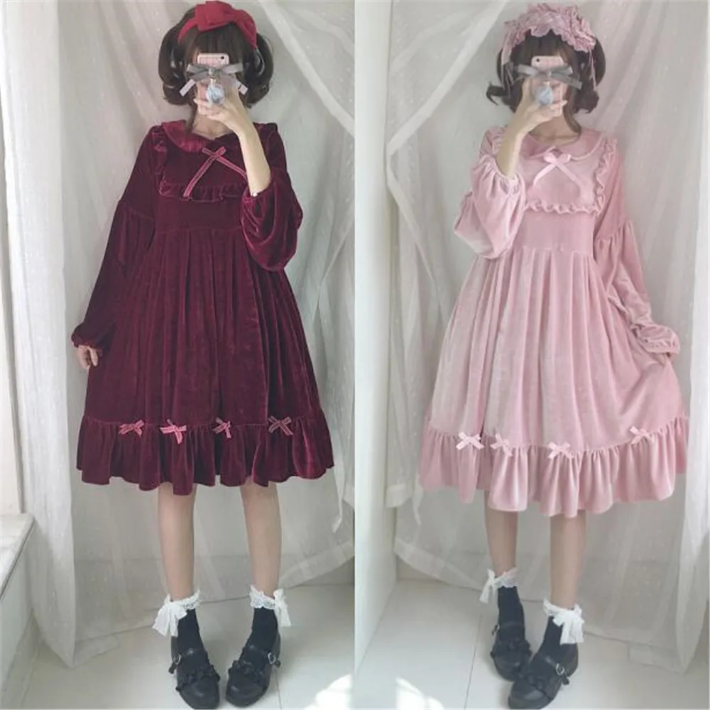 Модные весенние женские с кружевным бантом велюр платье японский Лолита Kawaii