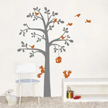 

BIG SIZE 165X200CM Vinyl Wall Decals For Kids Tree Squirrels And Birds Wall Art Stickers Baby Nursery Rooms Decoration KW-106