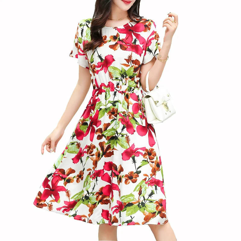 

2019 New women summer dress print o-neck short sleeve vintage womens clothing plus size Beach dresses femme vestidos de festa