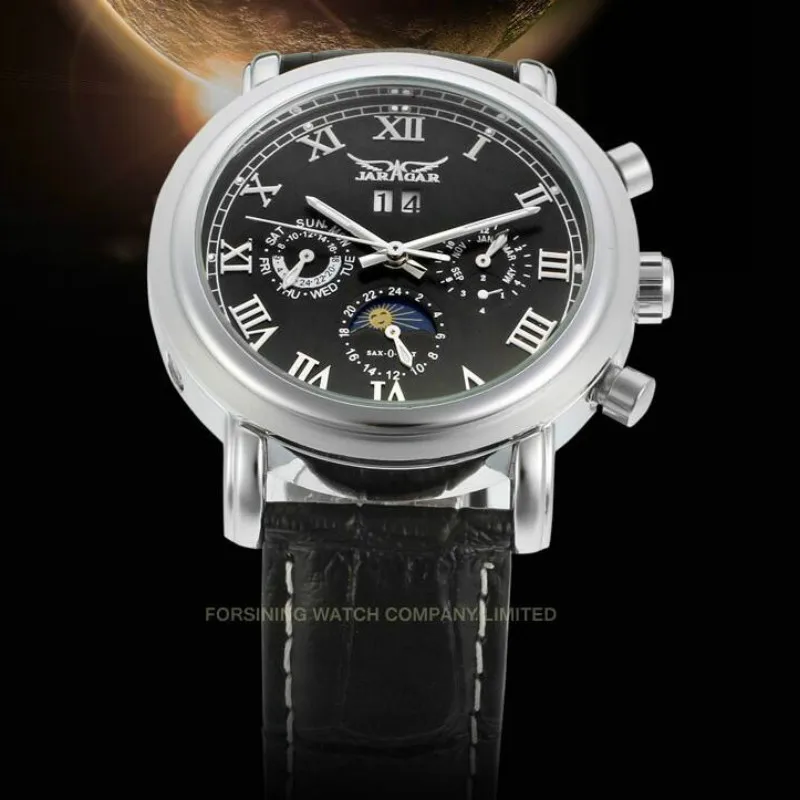 

Black Watches Men Automatic 5 Hands Week/Date/24H Moon Phase Wrist Watch Wristwatches